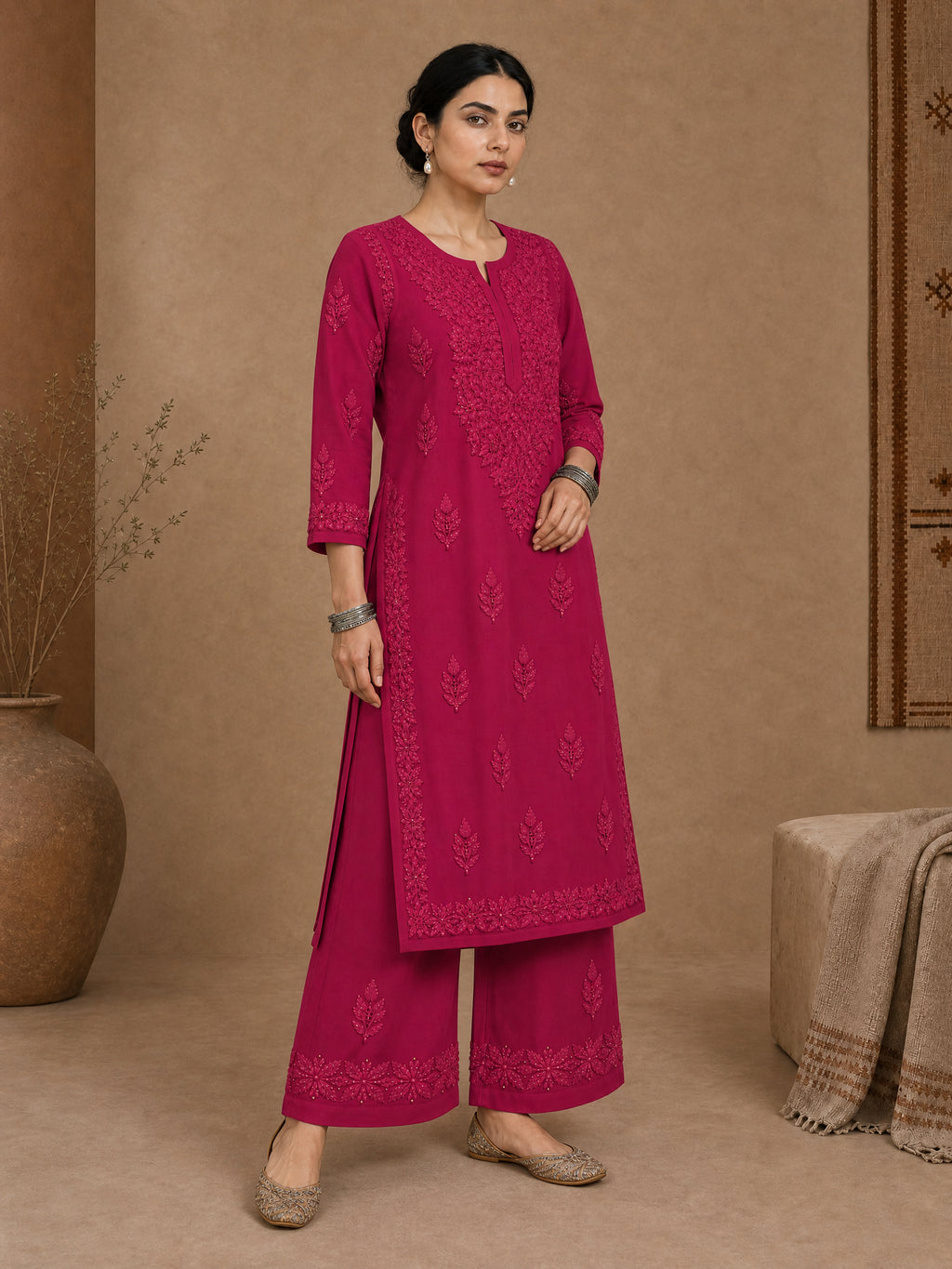 Magenta Aangan Chanderi Chikankari Kurta Set