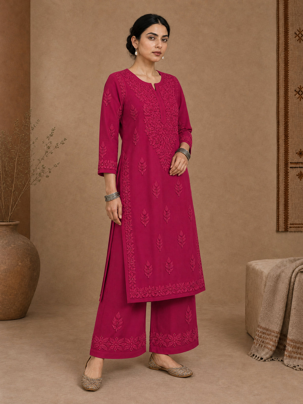 Magenta Aangan Chanderi Chikankari Kurta Set