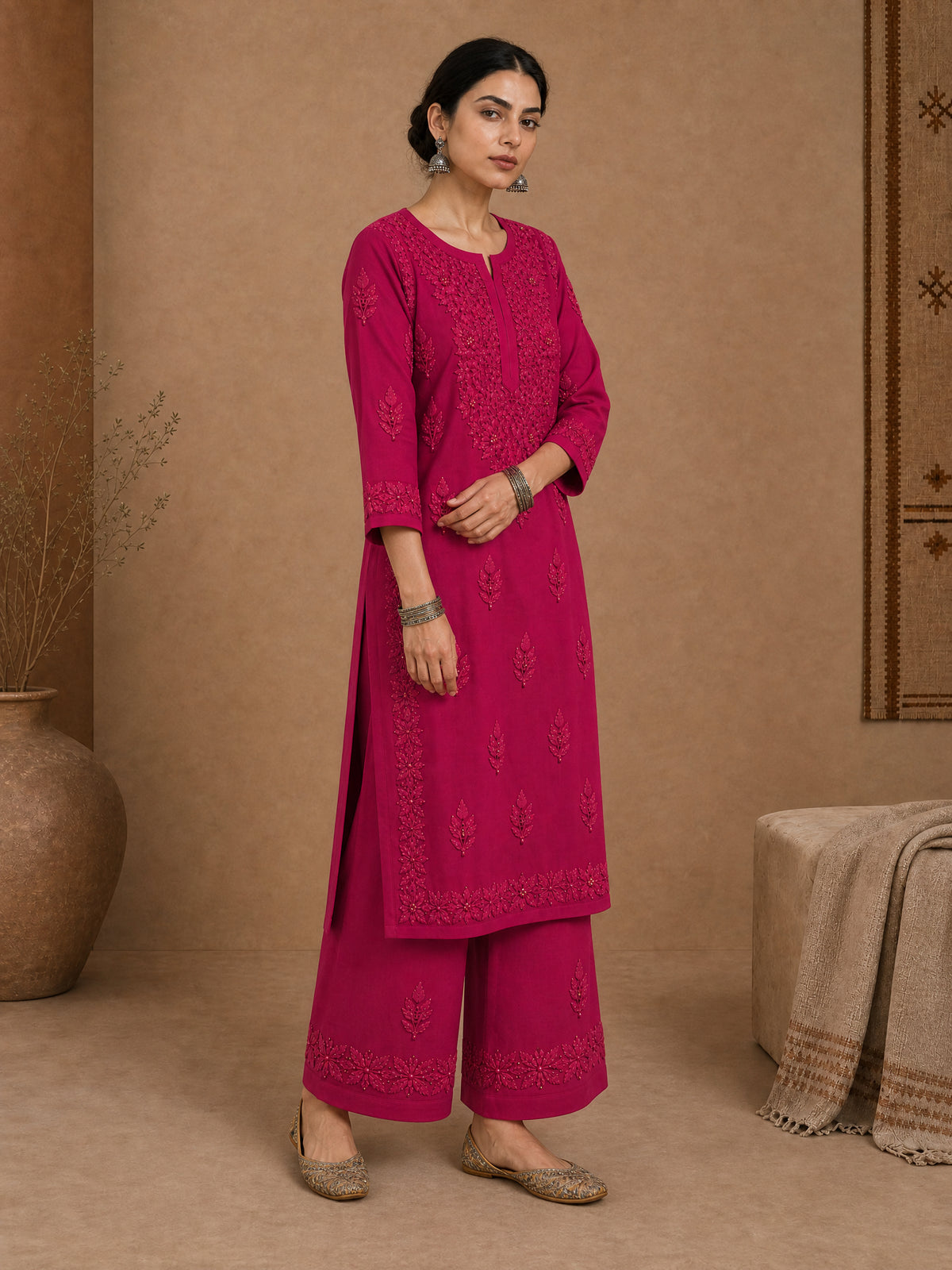 Magenta Aangan Chanderi Chikankari Kurta Set