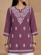 Buy Mauve Milan Rayon Chikankari Short Kurta for women