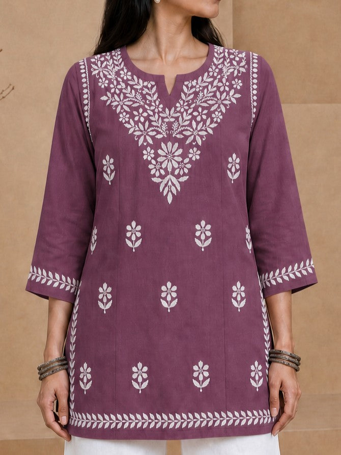 Buy Mauve Milan Rayon Chikankari Short Kurta for women