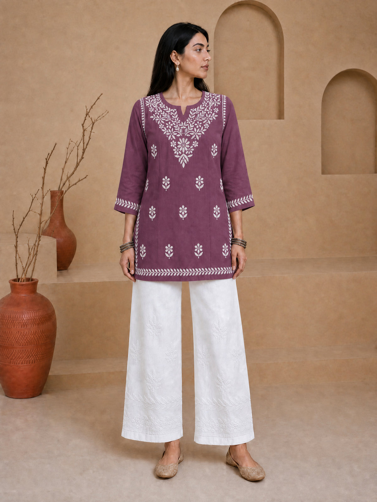 Buy Mauve Milan Rayon Chikankari Short Kurta for women