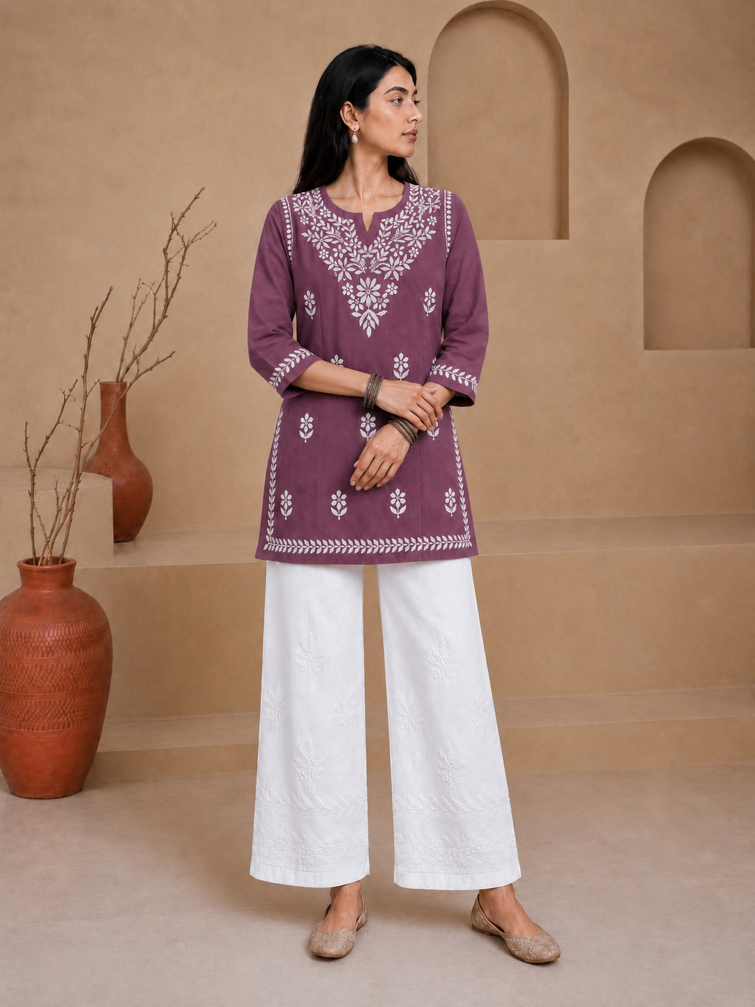 Buy Mauve Milan Rayon Chikankari Short Kurta for women