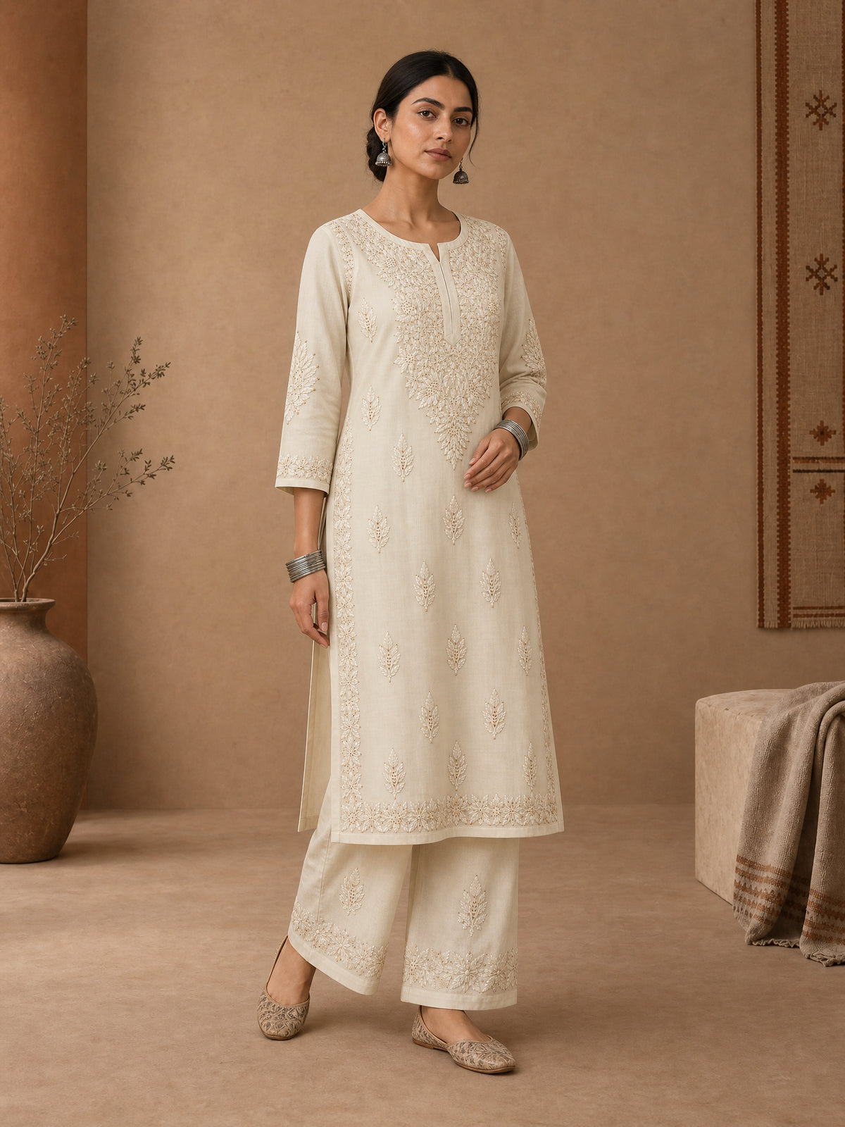 Beige Chanderi chikankari kurta set for women 