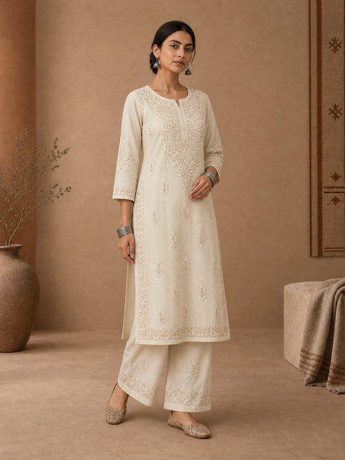 Beige Chanderi chikankari kurta set for women 