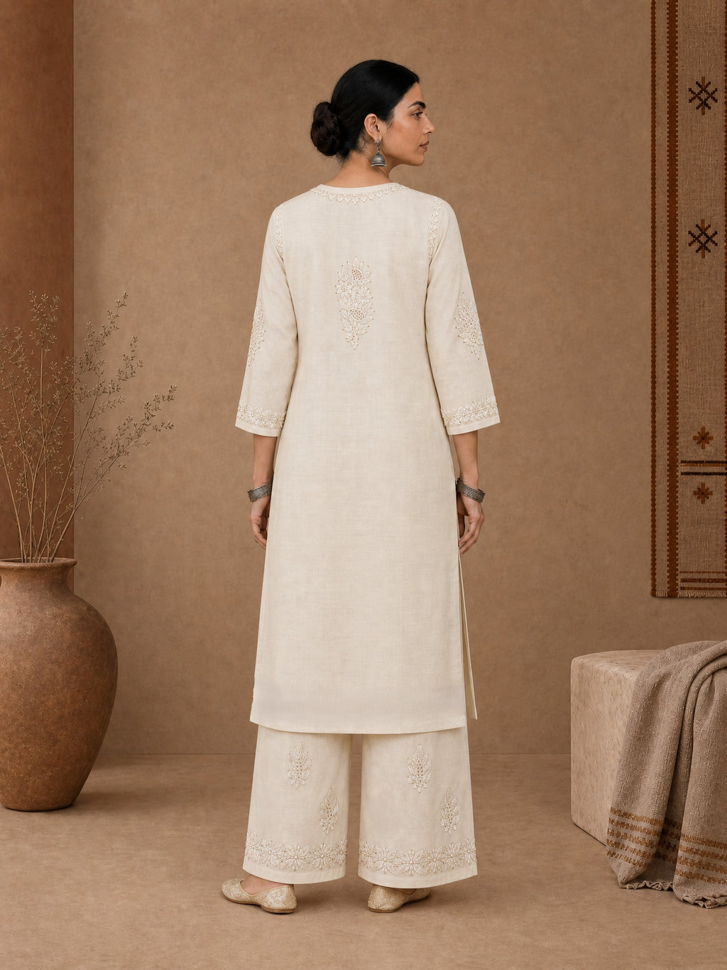 Beige Chanderi chikankari kurta set for women 
