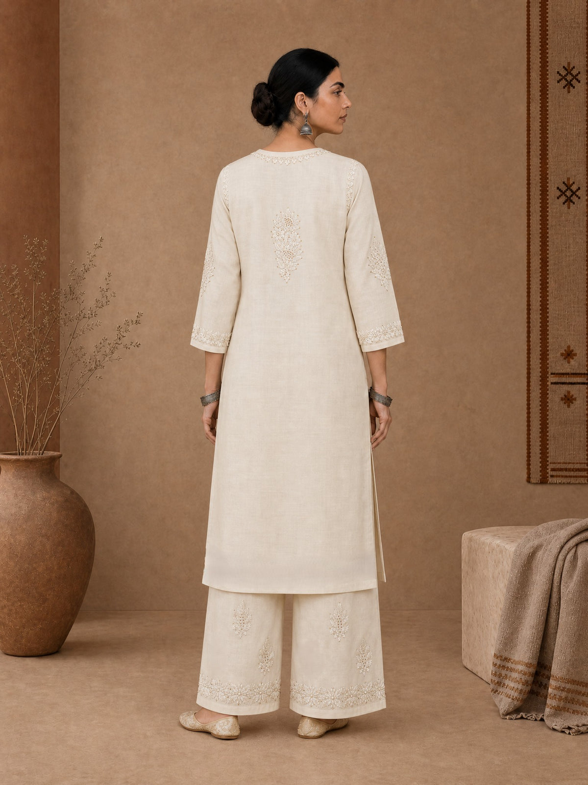 Beige Chanderi chikankari kurta set for women 