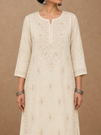 Beige Chanderi chikankari kurta set for women 