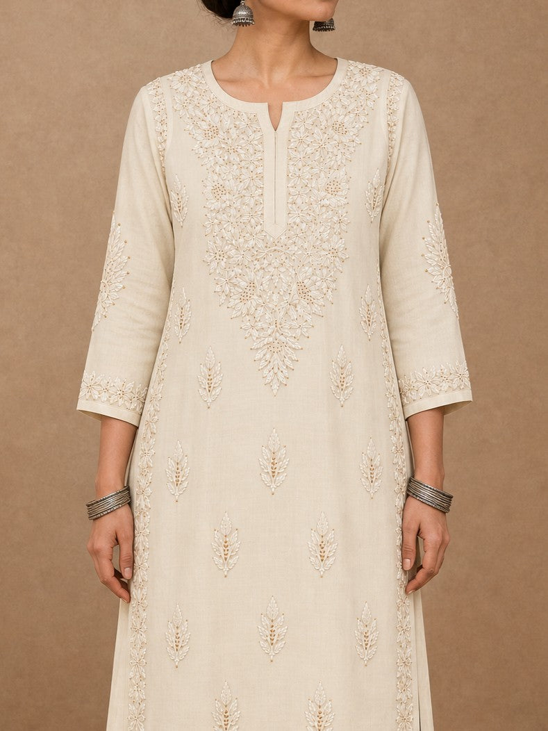 Beige Chanderi chikankari kurta set for women 