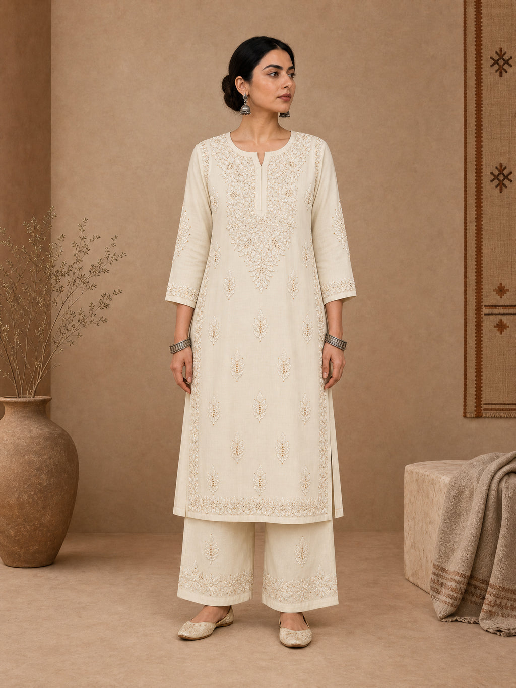 Beige Chanderi chikankari kurta set for women 