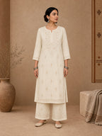 Beige Chanderi chikankari kurta set for women 