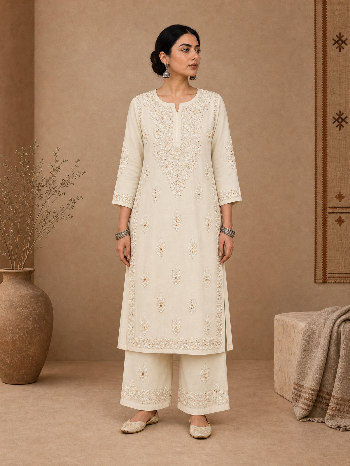 Beige Chanderi chikankari kurta set for women 
