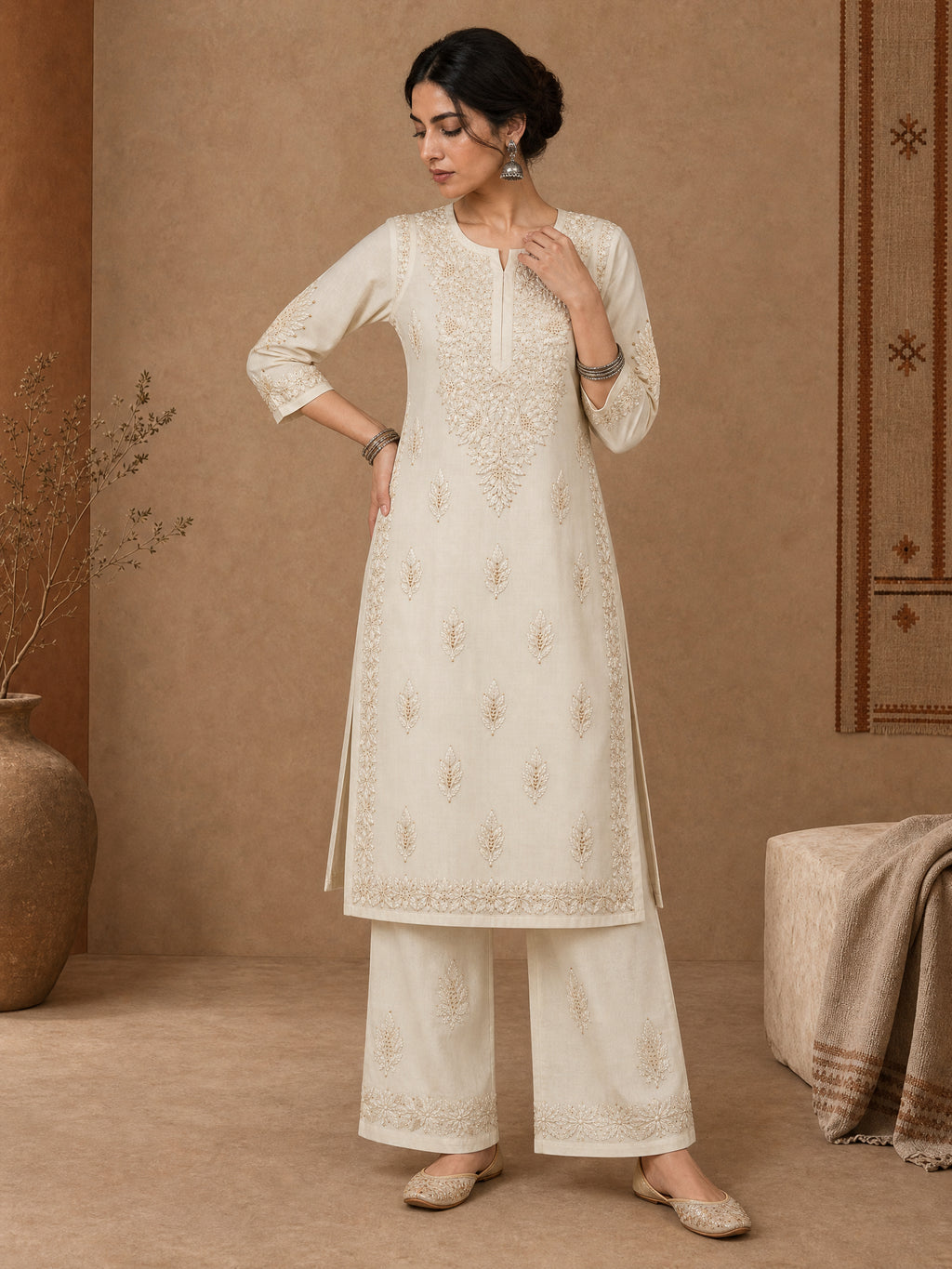 Beige Chanderi chikankari kurta set for women 