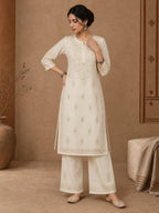 Beige Chanderi chikankari kurta set for women 