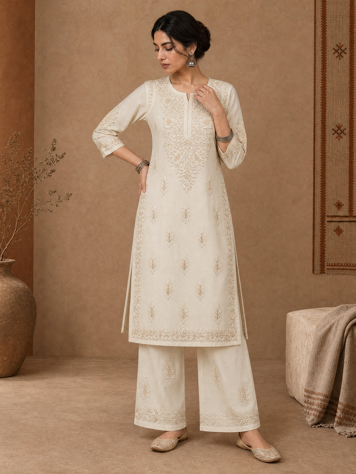 Beige Chanderi chikankari kurta set for women 