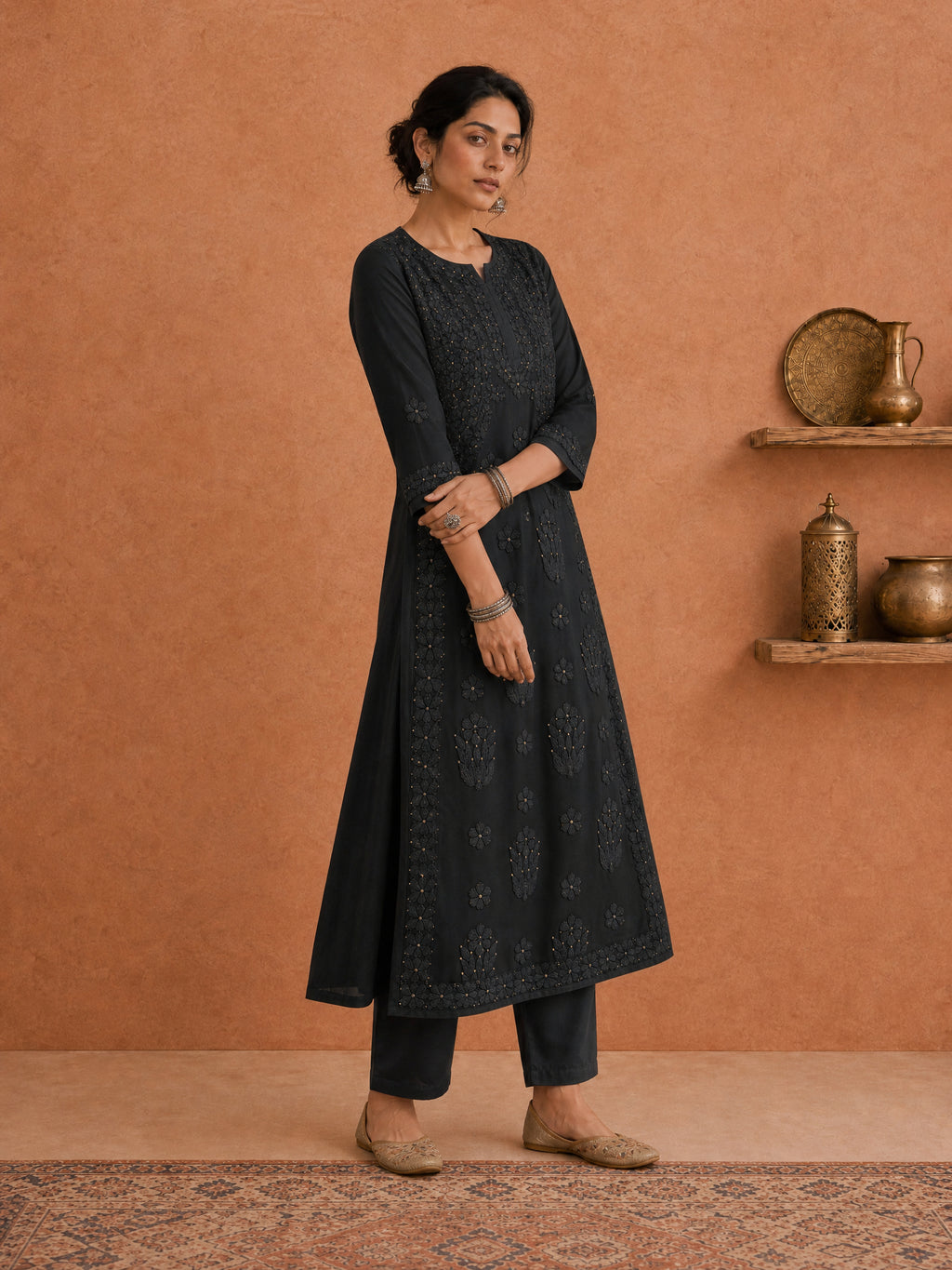 Shop Black Utsav Georgette Chikankari Long Kurti