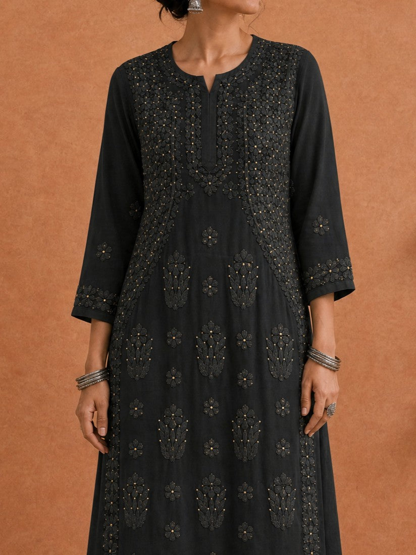 Shop Black Utsav Georgette Chikankari Long Kurti