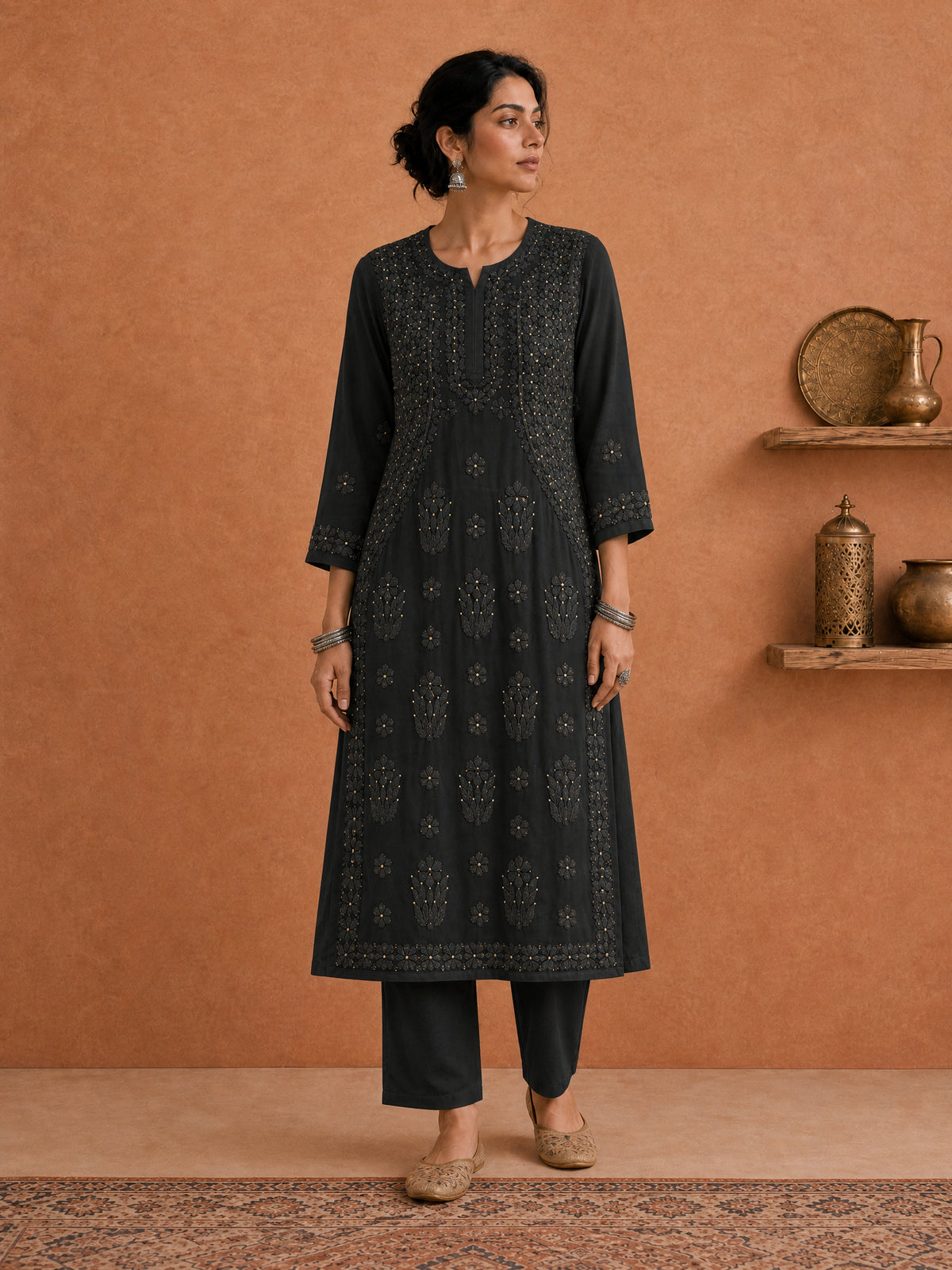 Shop Black Utsav Georgette Chikankari Long Kurti