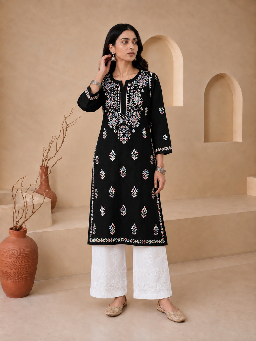 Buy Rayon Chikankari Solid Women’s Long Kurta - Black (Multi) 