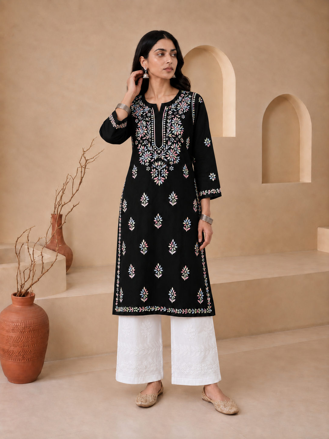 Buy Rayon Chikankari Solid Women’s Long Kurta - Black (Multi) 