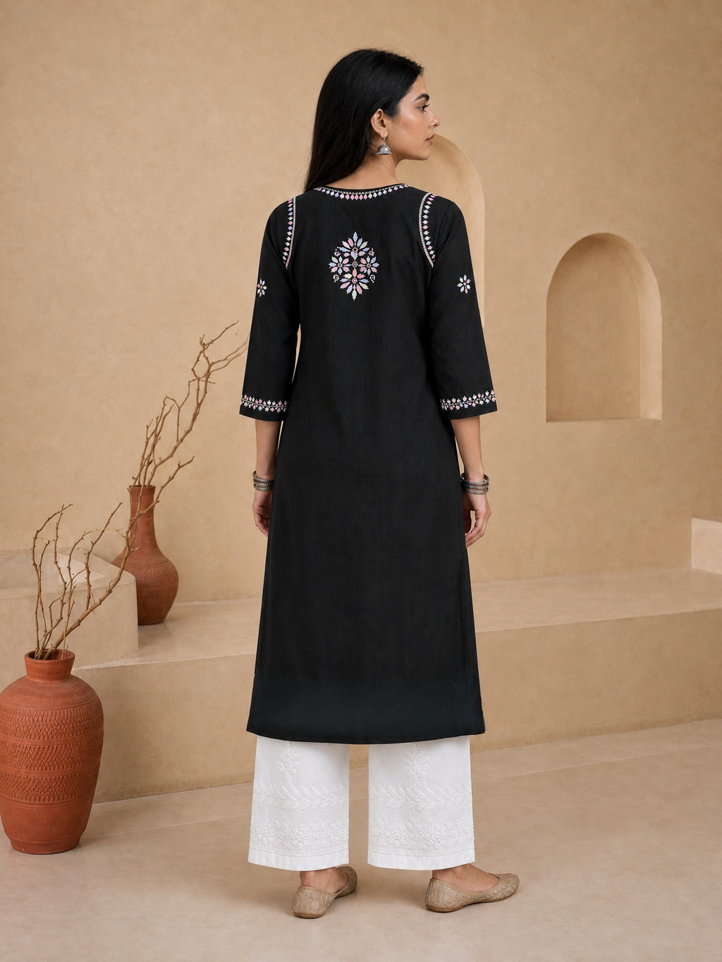 Buy Rayon Chikankari Solid Women’s Long Kurta - Black (Multi) 