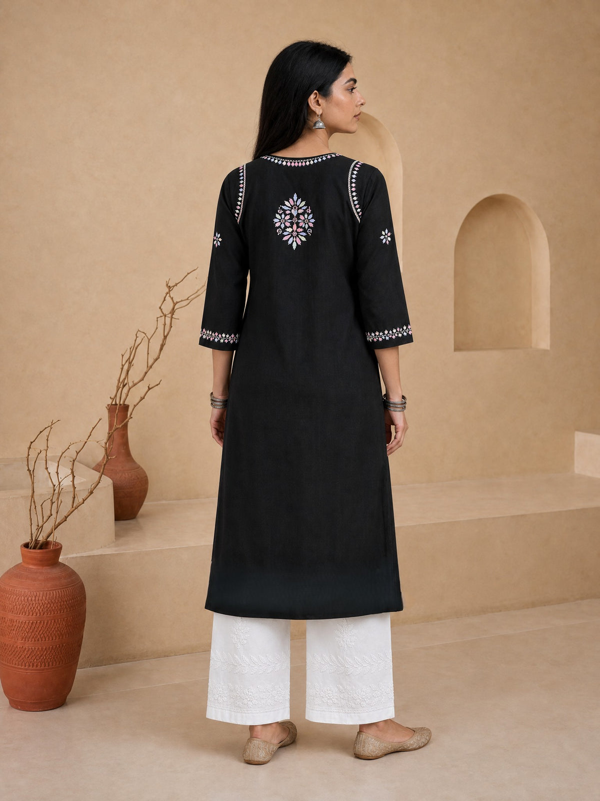 Buy Rayon Chikankari Solid Women’s Long Kurta - Black (Multi) 