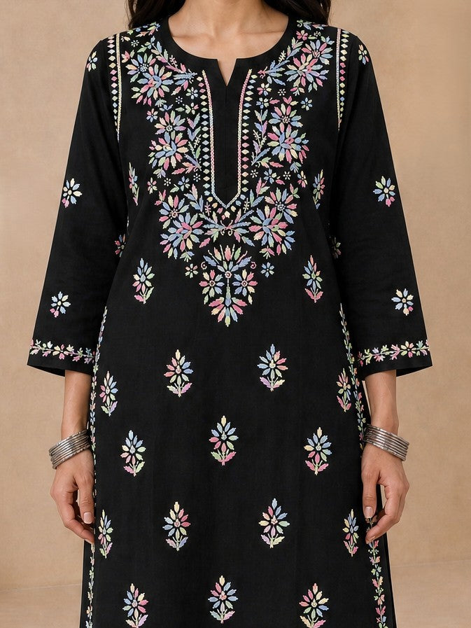Buy Rayon Chikankari Solid Women’s Long Kurta - Black (Multi) 