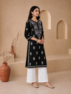 Buy Rayon Chikankari Solid Women’s Long Kurta - Black (Multi) 