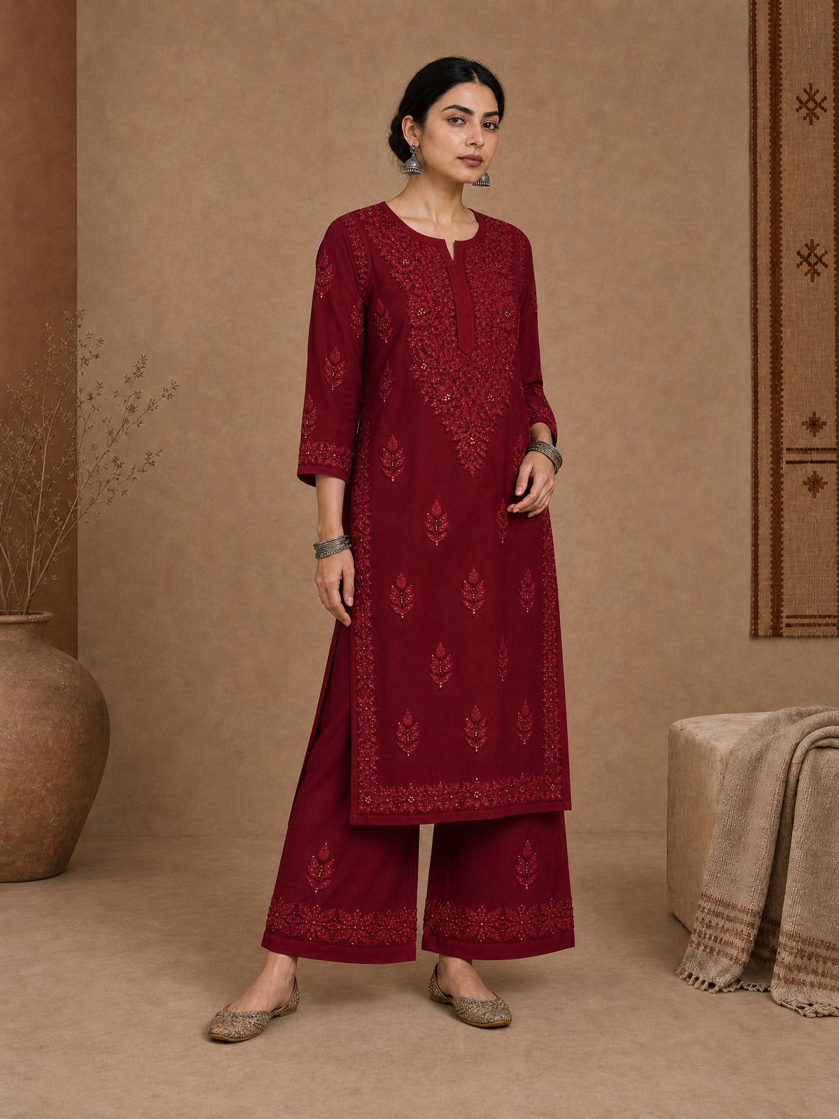 Aangan Chanderi Chikankari Kurta Set - Red