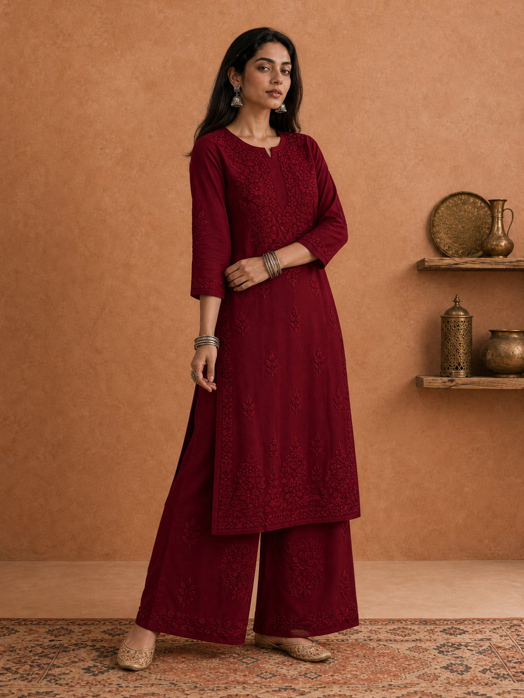 Buy Maroon Rangat Rayon Chikankari Kurta Set