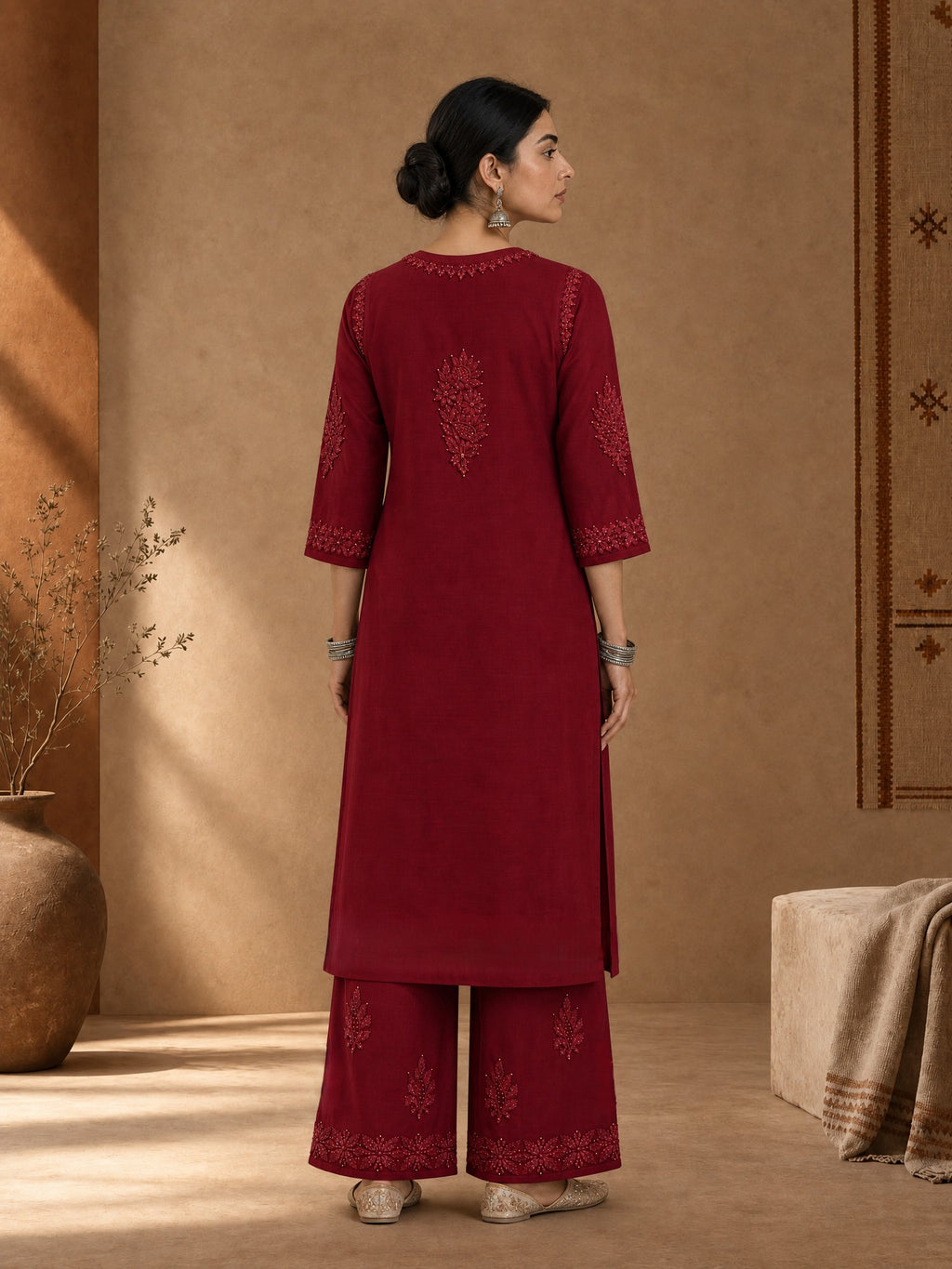 Aangan Chanderi Chikankari Kurta Set - Red