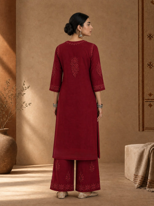 Aangan Chanderi Chikankari Kurta Set - Red