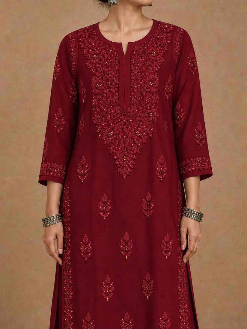 Aangan Chanderi Chikankari Kurta Set - Red