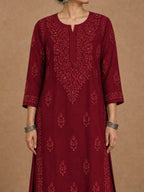 Aangan Chanderi Chikankari Kurta Set - Red