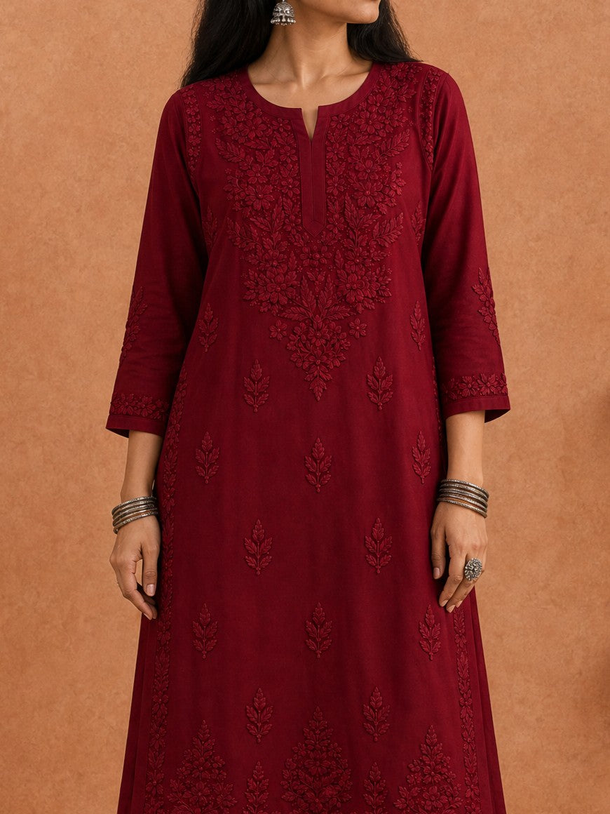 Buy Maroon Rangat Rayon Chikankari Kurta Set