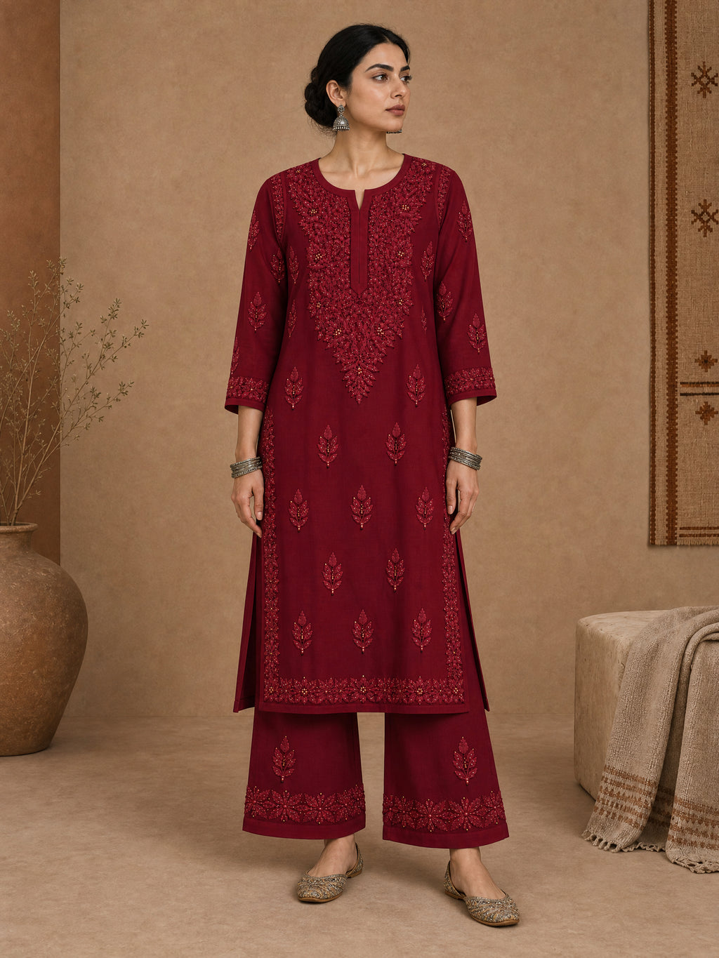 Aangan Chanderi Chikankari Kurta Set - Red