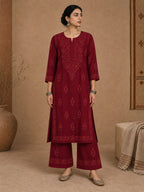 Aangan Chanderi Chikankari Kurta Set - Red