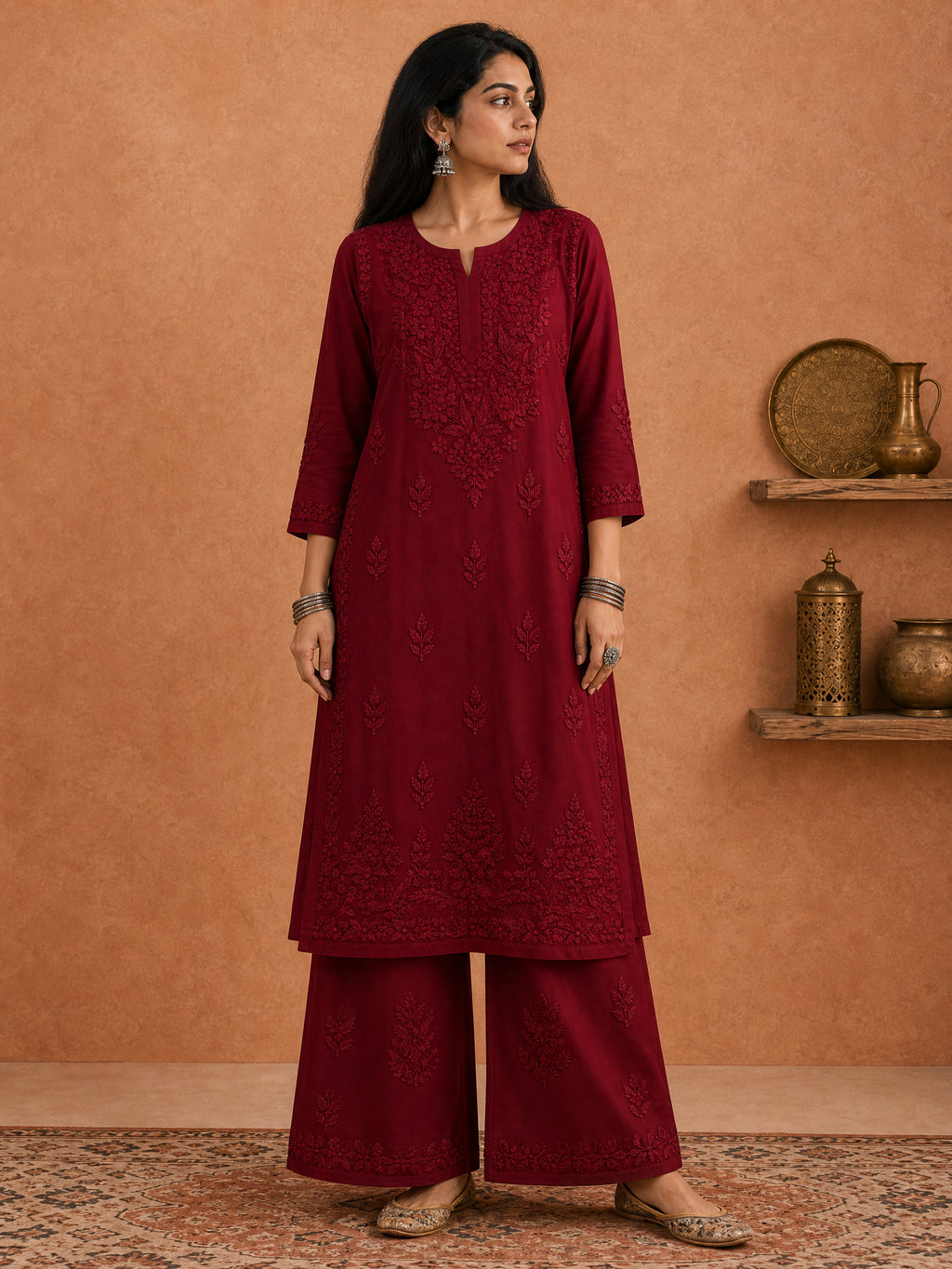 Buy Maroon Rangat Rayon Chikankari Kurta Set