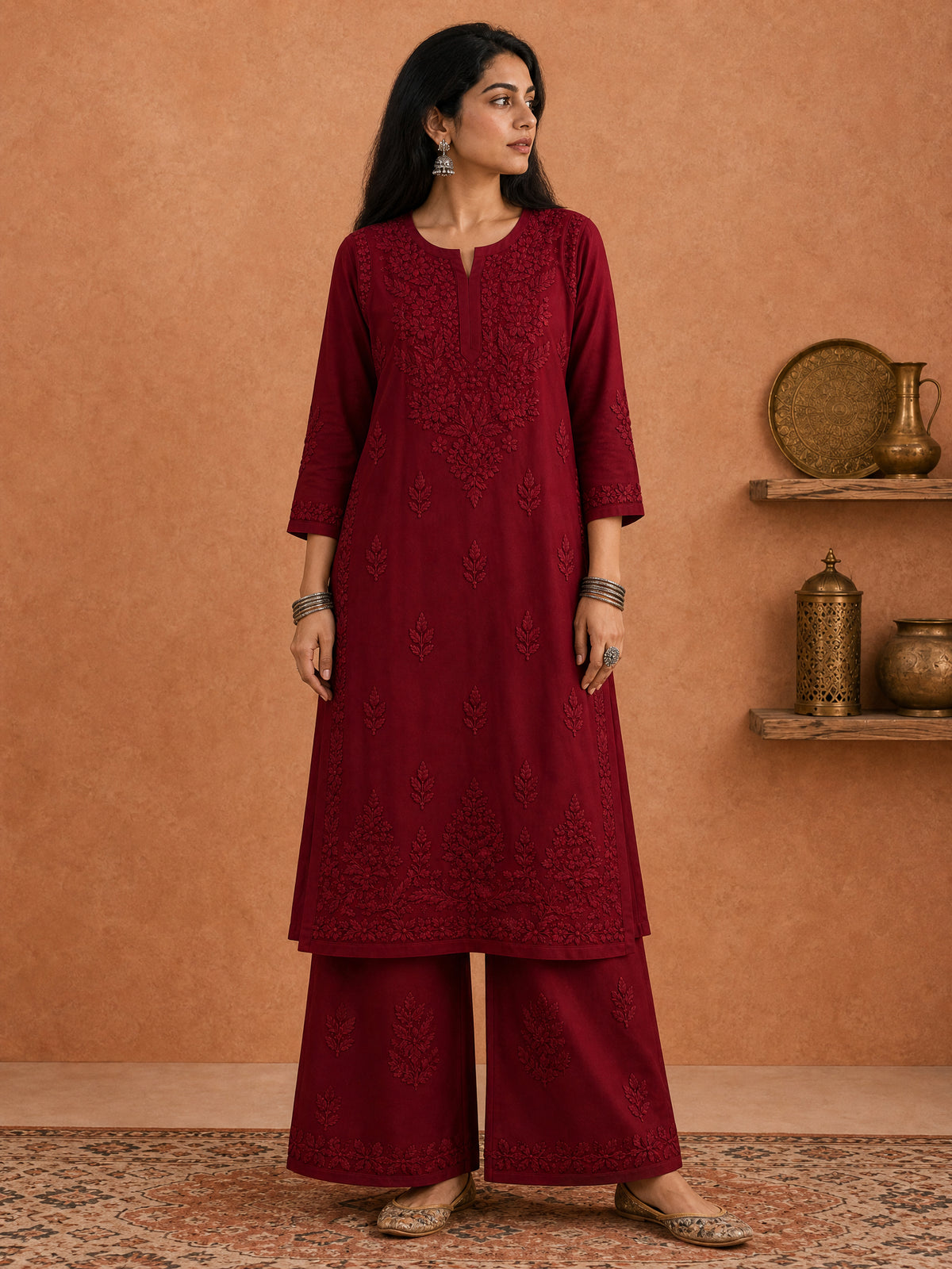 Buy Maroon Rangat Rayon Chikankari Kurta Set