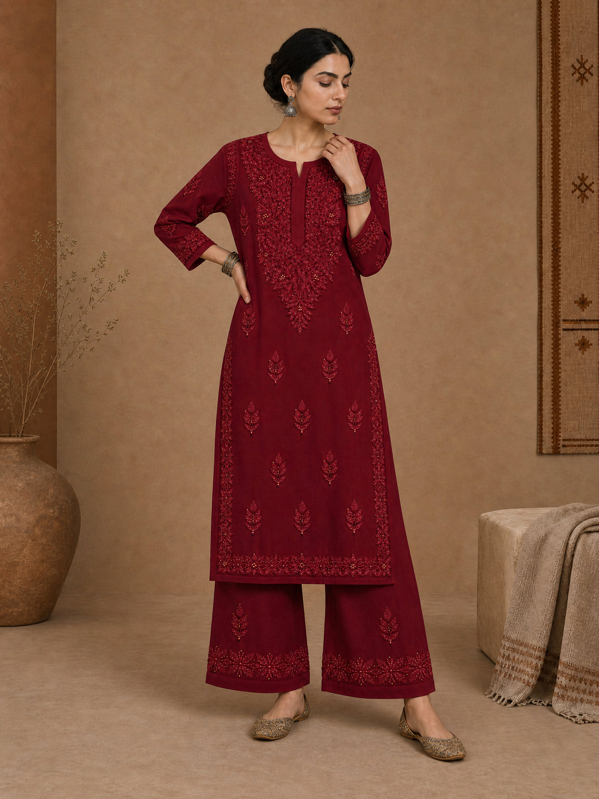 Aangan Chanderi Chikankari Kurta Set - Red