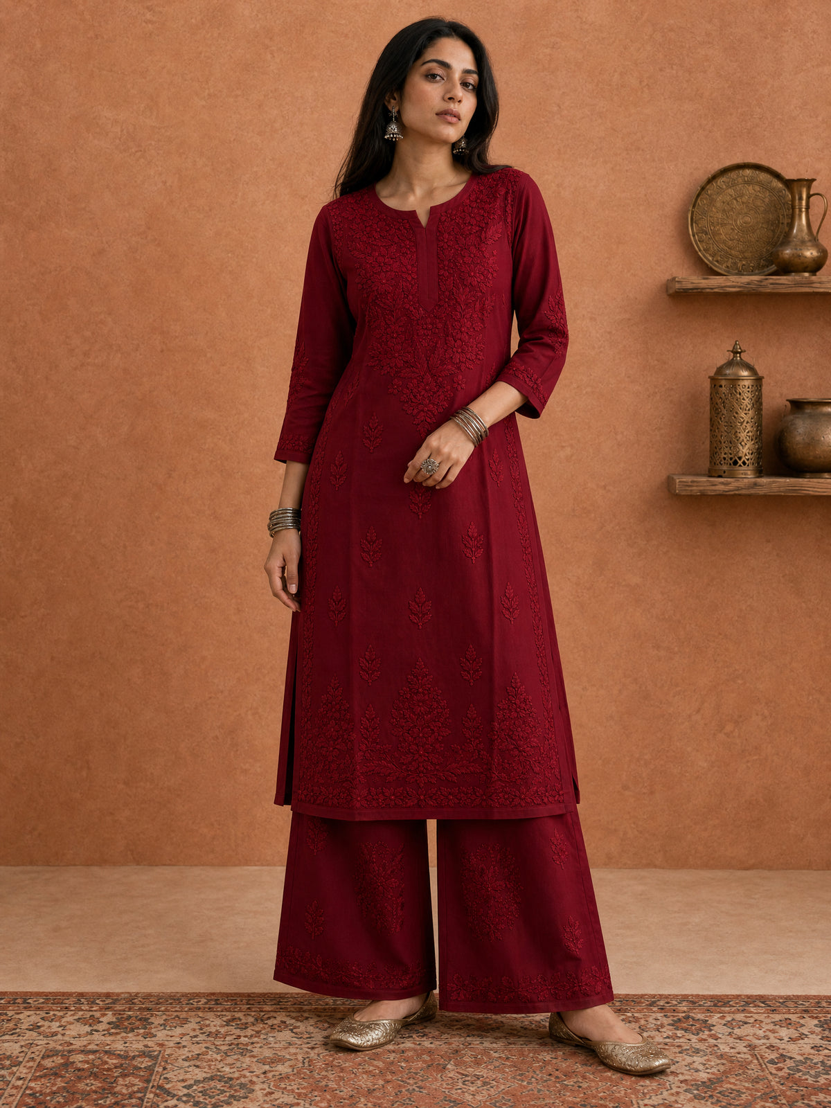 Buy Maroon Rangat Rayon Chikankari Kurta Set