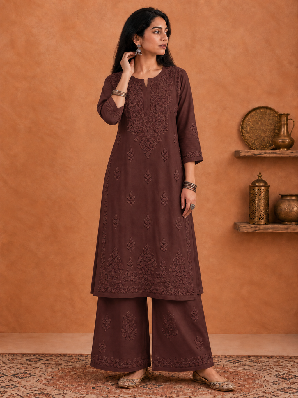 Shop brown Rangat Rayon Chikankari Kurta Set