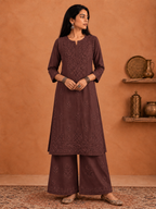 Shop brown Rangat Rayon Chikankari Kurta Set