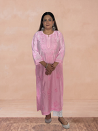 Chanderi Silk Chikankari Women's Straight Long Kurta - Light Pink