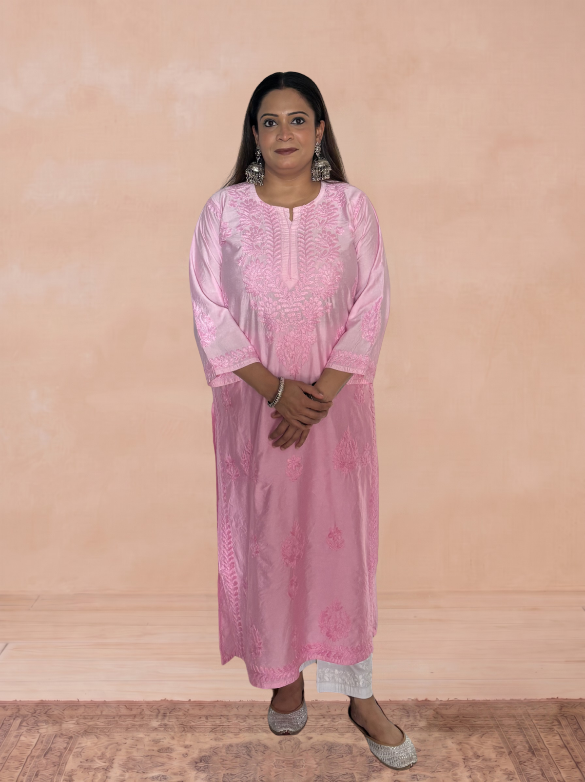 Chanderi Silk Chikankari Women's Straight Long Kurta - Light Pink