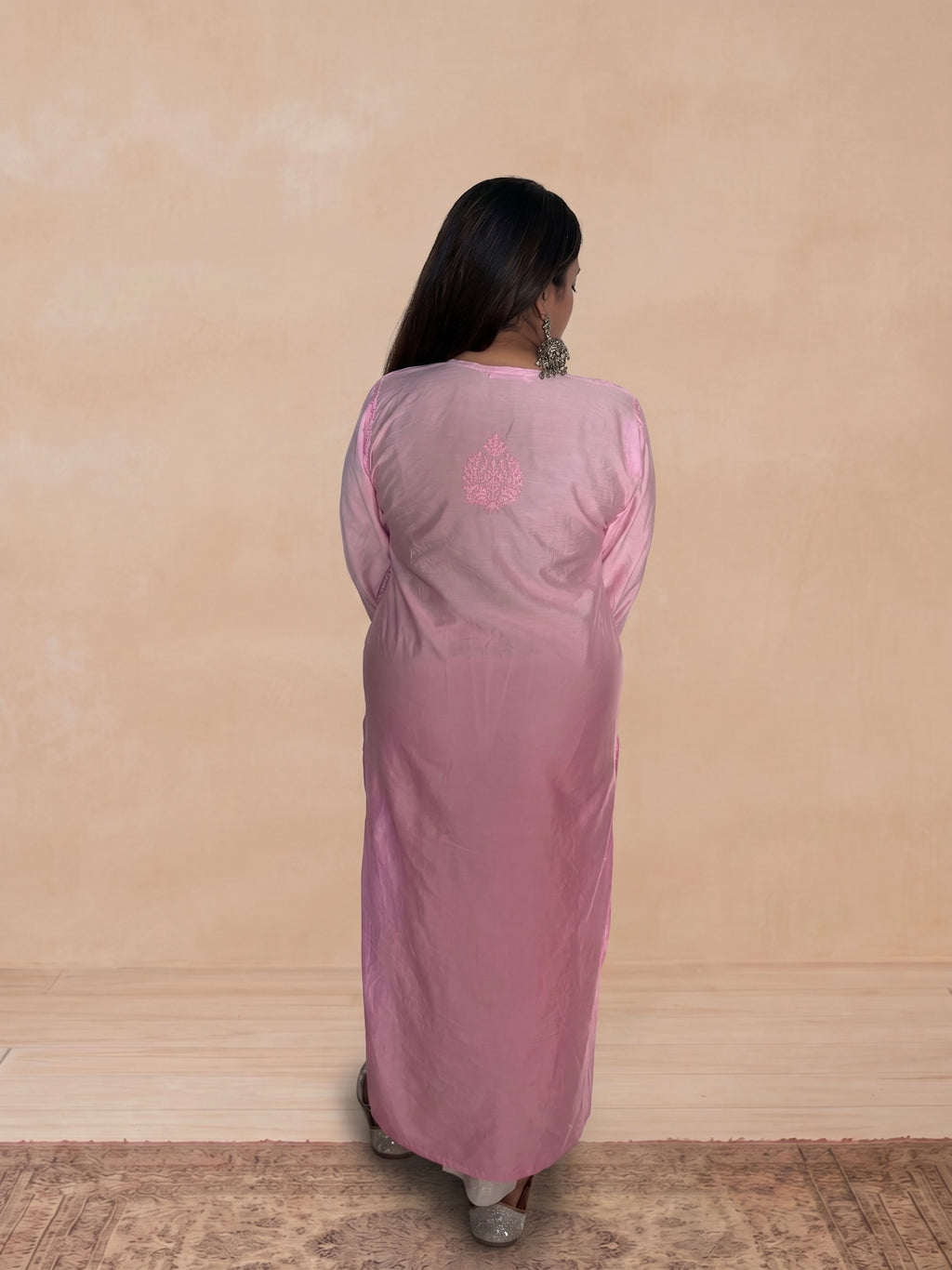 Chanderi Silk Chikankari Women's Straight Long Kurta - Light Pink