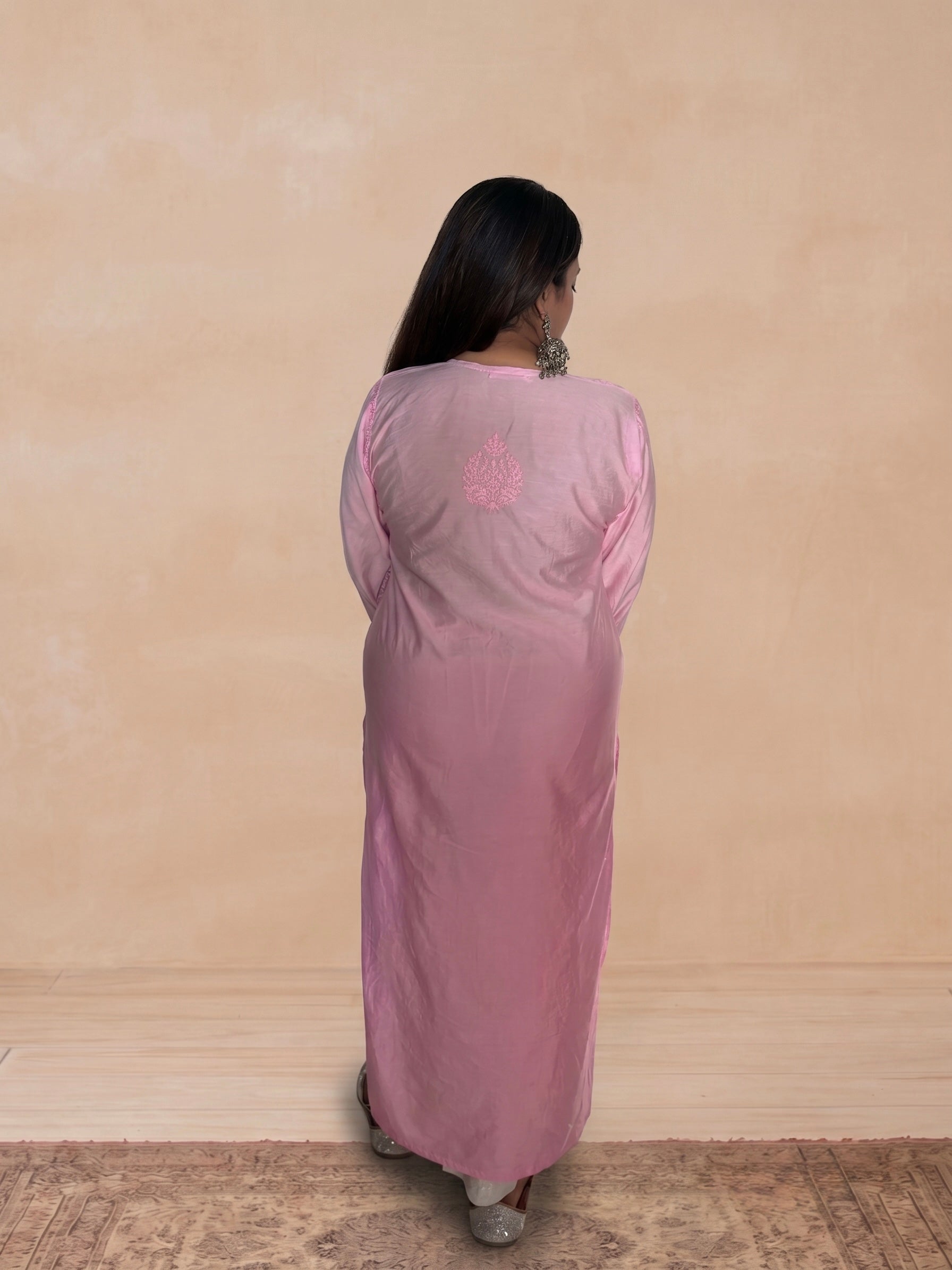 Chanderi Silk Chikankari Women's Straight Long Kurta - Light Pink