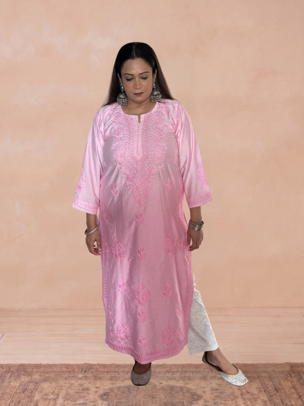 Chanderi Silk Chikankari Women's Straight Long Kurta - Light Pink