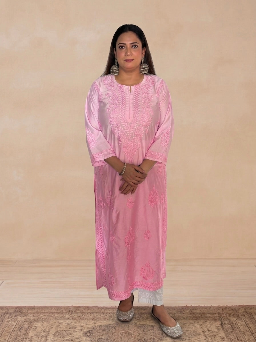 Chanderi Silk Chikankari Women's Straight Long Kurta - Light Pink