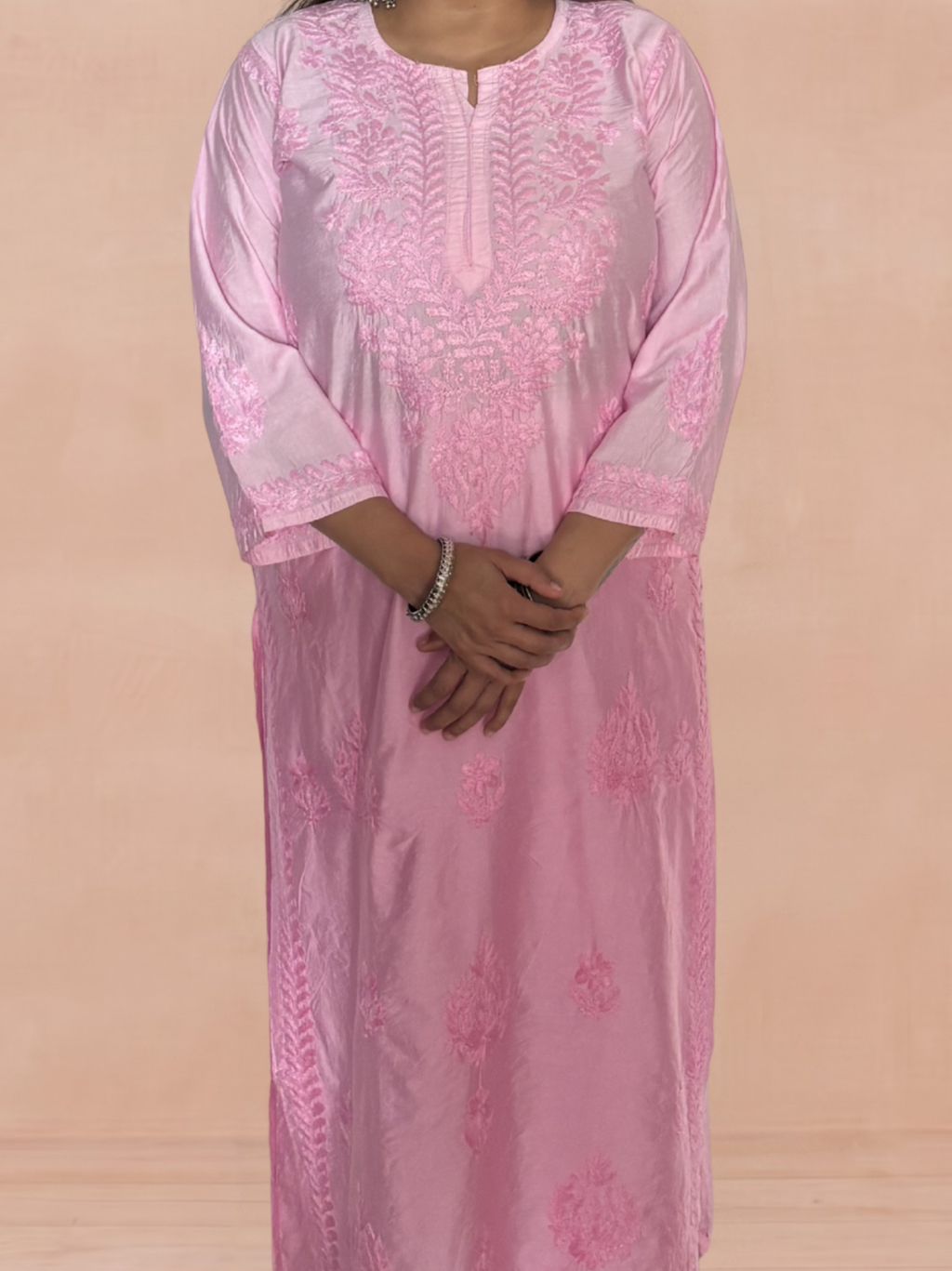 Chanderi Silk Chikankari Women's Straight Long Kurta - Light Pink